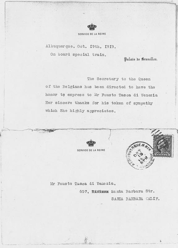 Personal letter, 1919, -From the Queen of Belgium, -Archive of the Tasca Estate
